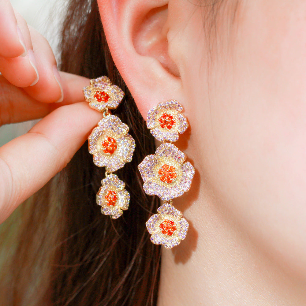 Korean style fashionable zircon long-stemmed three-dimensional flower S925 silver stud earrings in three colors - rose flower earrings accessory