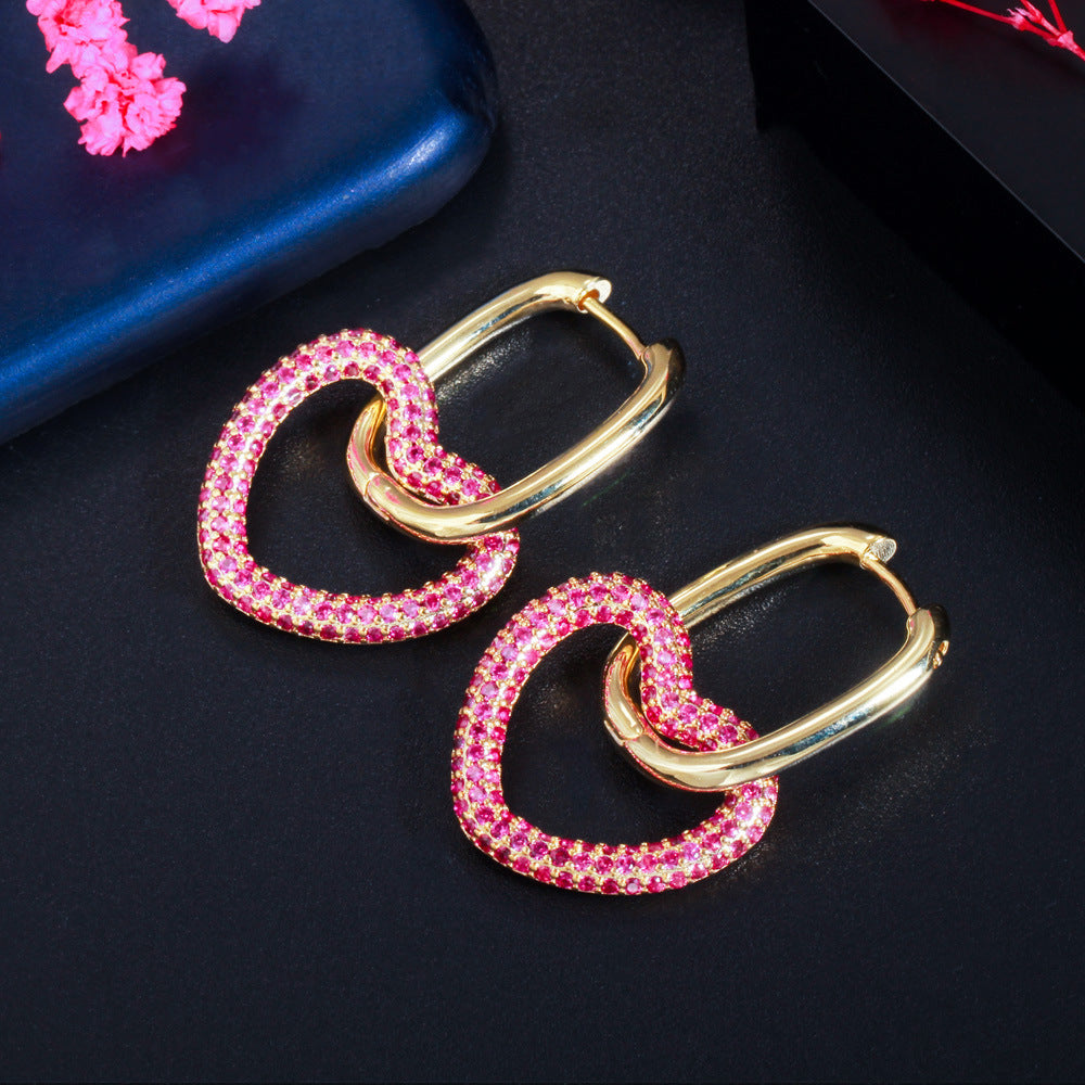 New style personalized double-ring heart-shaped earrings with embedded colorful zircons, trendy hip-hop style earrings
