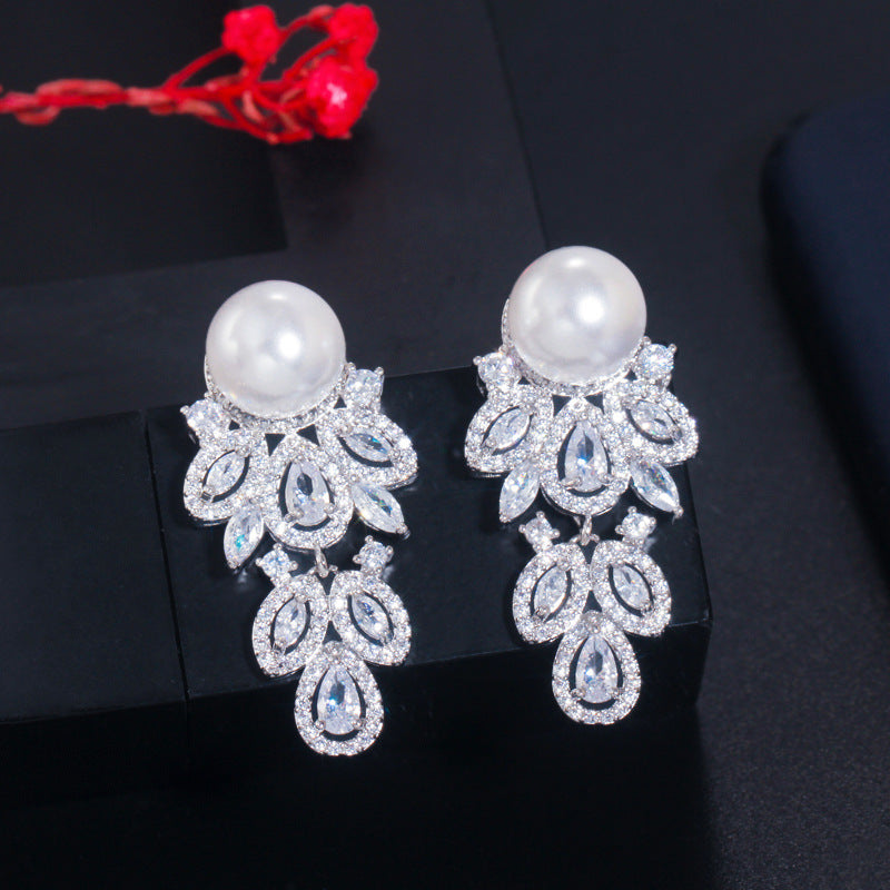 Cross-border best-selling Japanese and Korean-style artificial pearl and zirconia necklace and earring set - bridal set accessories