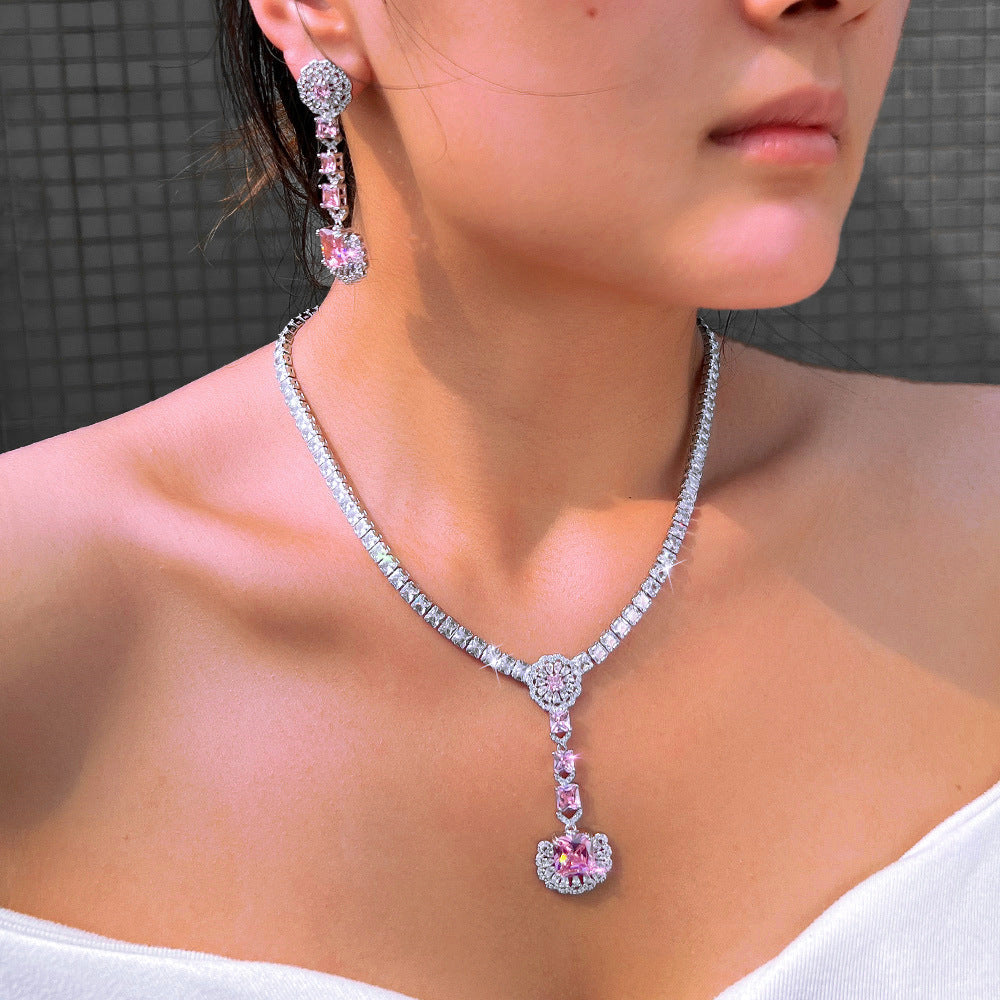 Korean version luxurious bridal banquet necklace earrings and ring set - super shiny zirconia earrings pendant-style earrings with elegant design