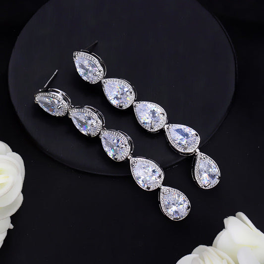 Korean version of European-style minimalist fashion earrings Long AAA zirconium electroplated white K waterdrop earrings