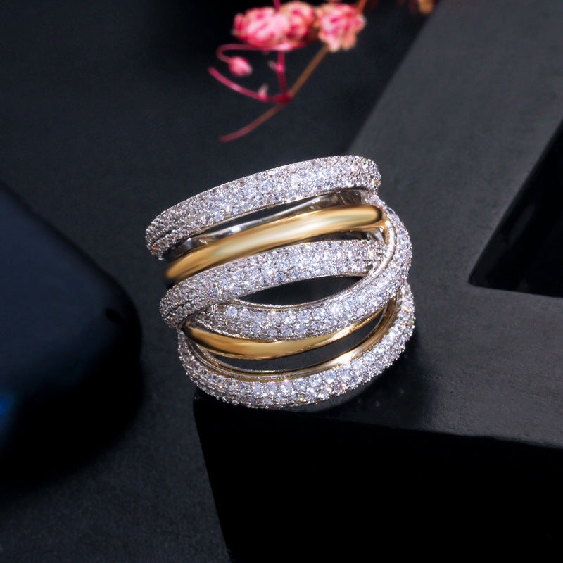European and American style micro-set diamond ring with double-color electroplating finger ring