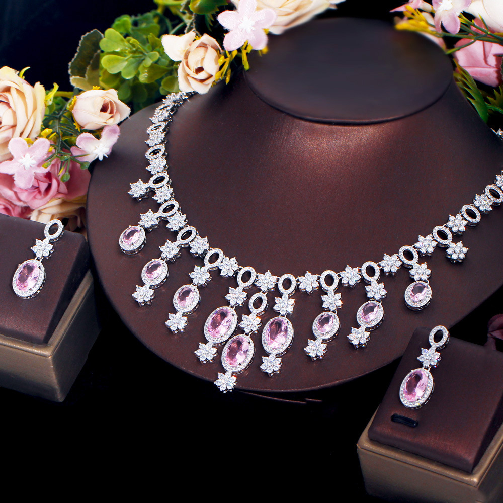 Diamond chandelier earrings and necklace set for wedding banquet - complete with zirconia - bridal wedding dress jewelry set with chain