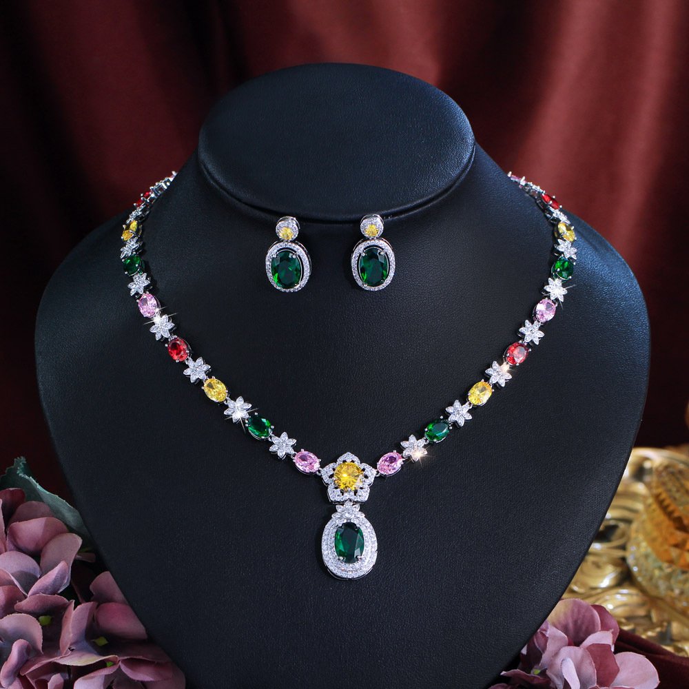 European and American fashionable colorful zircon necklace earrings bracelet evening dress formal wear bridal jewelry set
