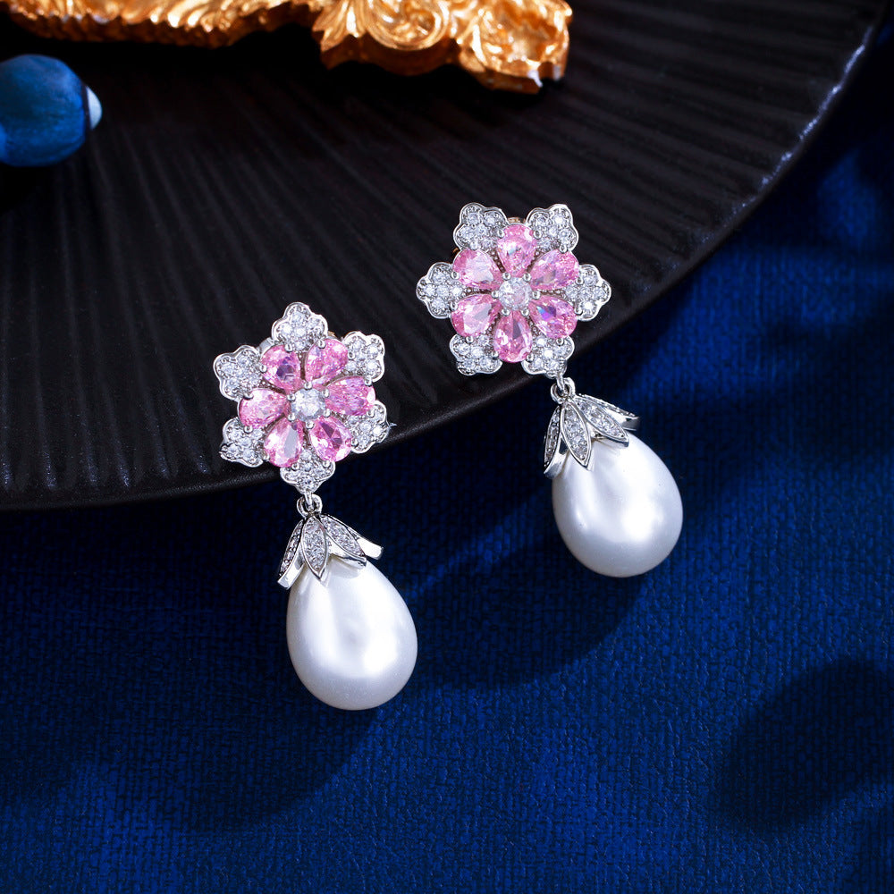 Japanese and Korean light luxury micro-set flower cherry blossom pearl earrings, princess pink diamond teardrop-shaped pearl earrings ear ornaments set