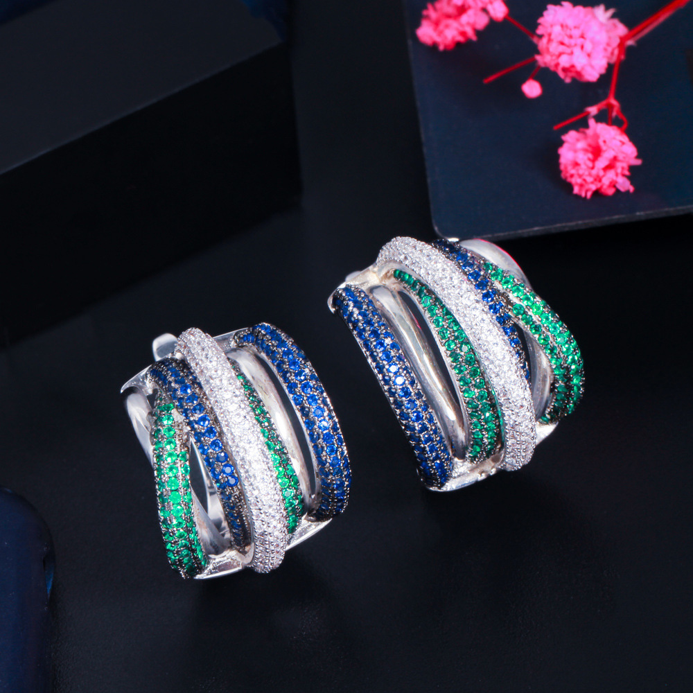 Best-selling earrings - three-color electroplated with tiny-set zirconia - eye-catching earrings with ear clasps