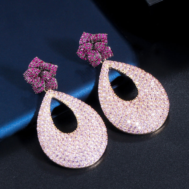 New style pink zirconium rose flower large earrings for Europe and America Made of 925 silver circular ear accessories for women