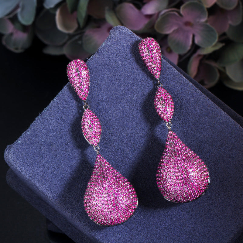 Micro-set zirconia earrings copper-plated with three-color full diamonds irregular long style elegant ear pendants