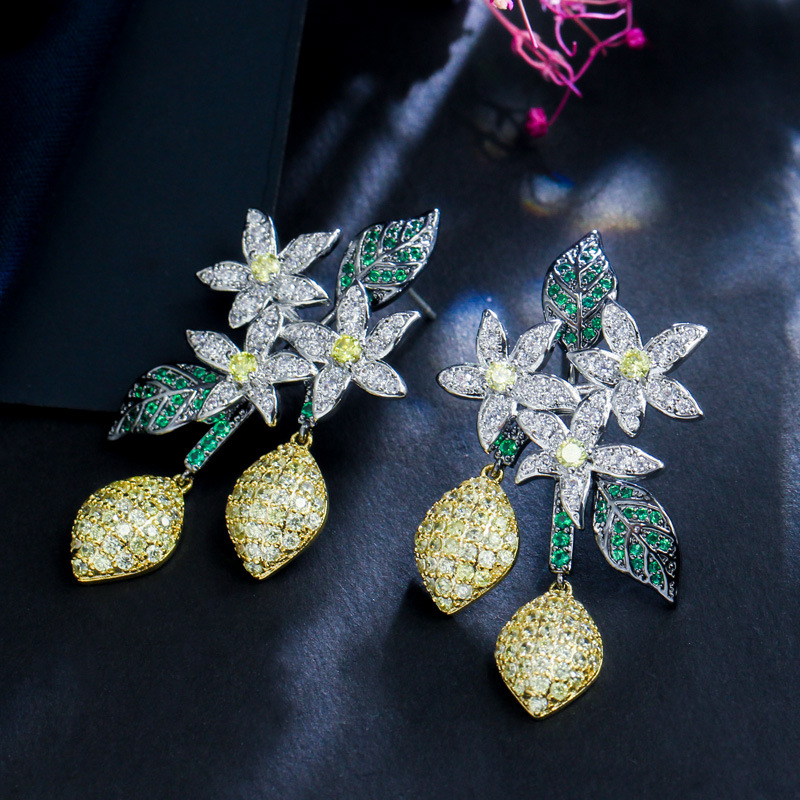 Korean fashion floral drop-shaped lemon tree zircon earrings S925 silver hook earrings for the ears ear accessories
