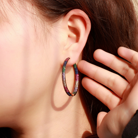 European and American popular jewelry - large earrings with micro-set colored zirconia gold and black gold electroplated ear stems elegant earrings
