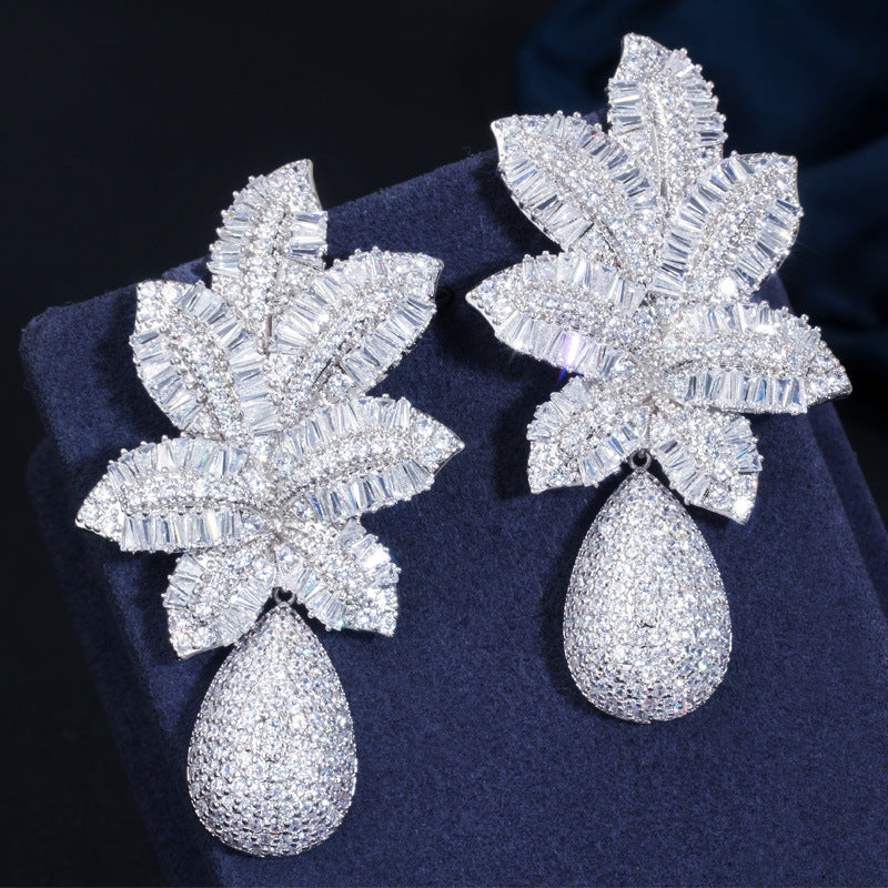 S925 silver needle European-style atmospheric trapezoid zirconium tri-color electroplated earrings tropical pineapple large earrings