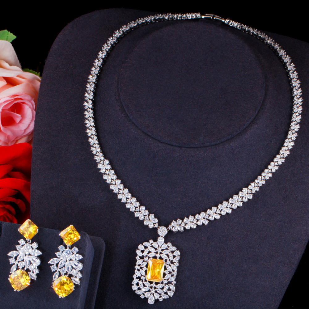 Korean-style bridal zircon necklace earrings and chain set for wedding banquet evening party and party wear set of jewelry