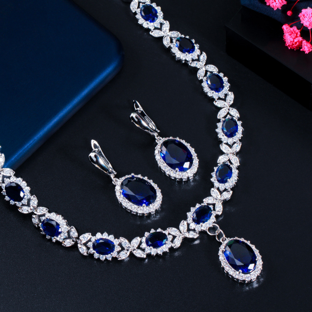 European and American fashionable bridal sapphire earrings and necklace set chain AAA zircon jewelry evening wedding dress accessories