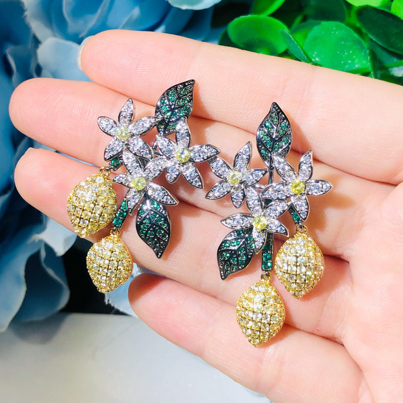 Korean fashion floral drop-shaped lemon tree zircon earrings S925 silver hook earrings for the ears ear accessories