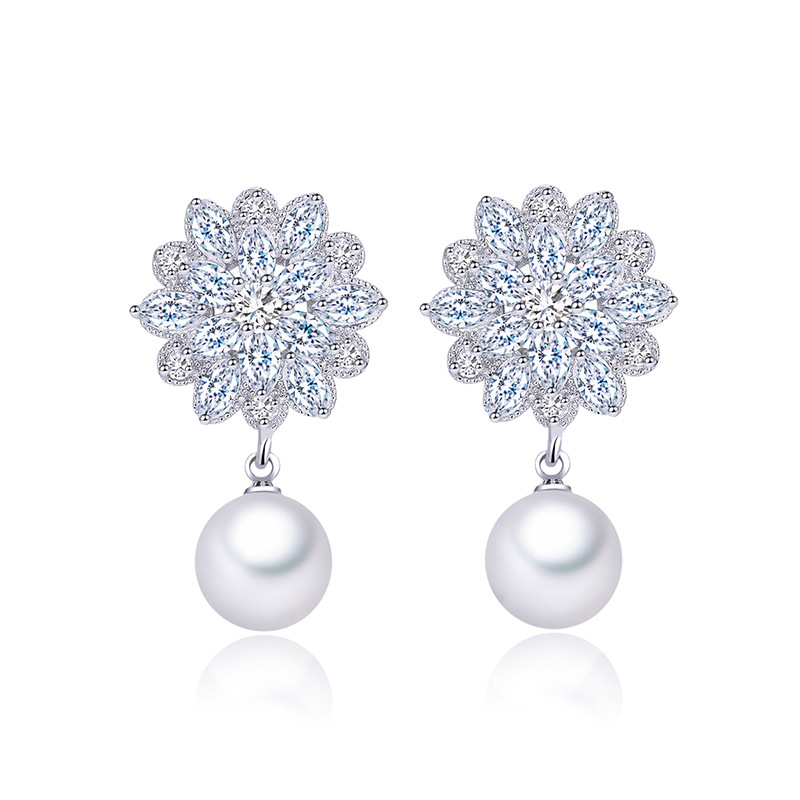 European-style bridal earrings - pearl with tiny inlaid zirconia combination earrings