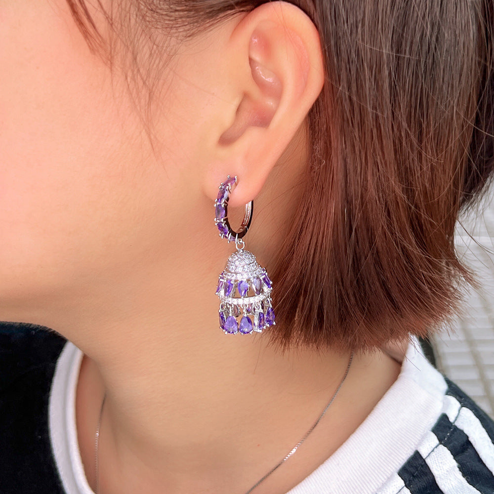 High-end luxurious and elegant purple heavy-weight court-style ear ornament featuring full-set of zirconia-studded water-drop-shaped three-dimensional bells as ear clasps and earrings
