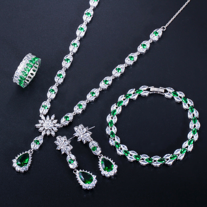 European and American fashion AAA zircon bracelet - perfect accessory for the bride's banquet Set includes necklace earrings ring and bracelet