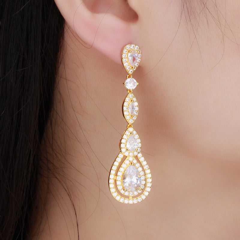 European style long-style earrings with S925 silver hooks set with AAA zirconia stones, fashionable and versatile drop earrings