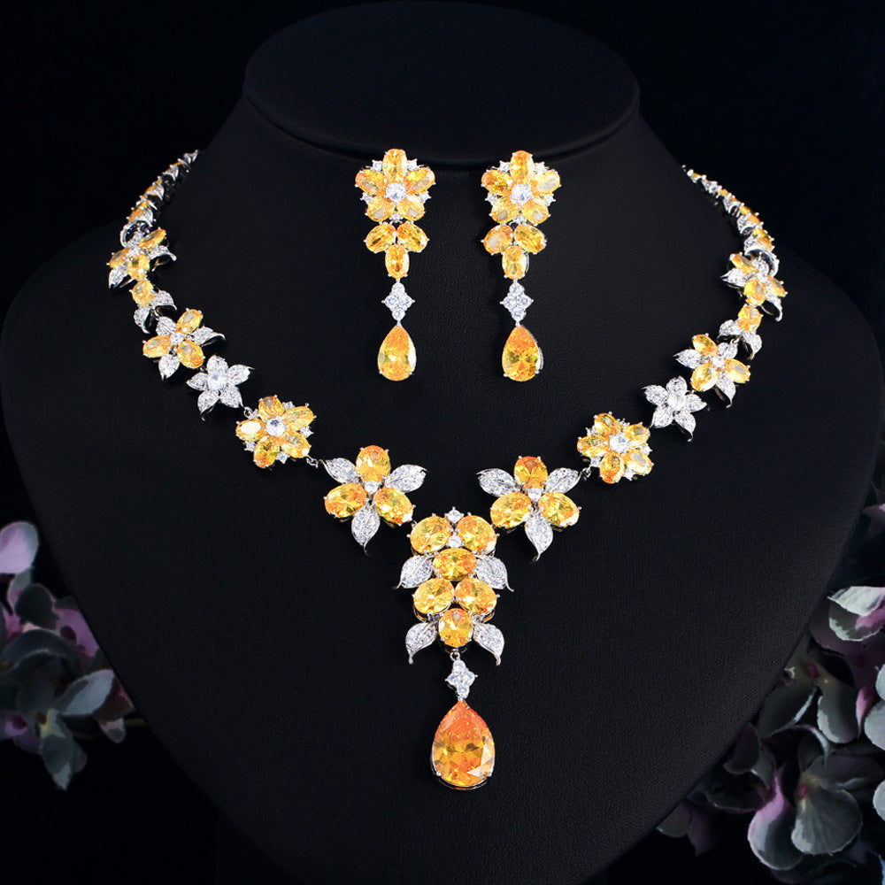European and American cross-border necklace jewelry set for women light luxury zirconia necklace and earrings two-piece set for formal wear wedding and bridal use wedding dress and ceremony necklace set