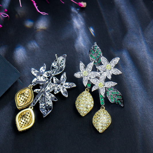 Korean fashion floral drop-shaped lemon tree zircon earrings S925 silver hook earrings for the ears ear accessories