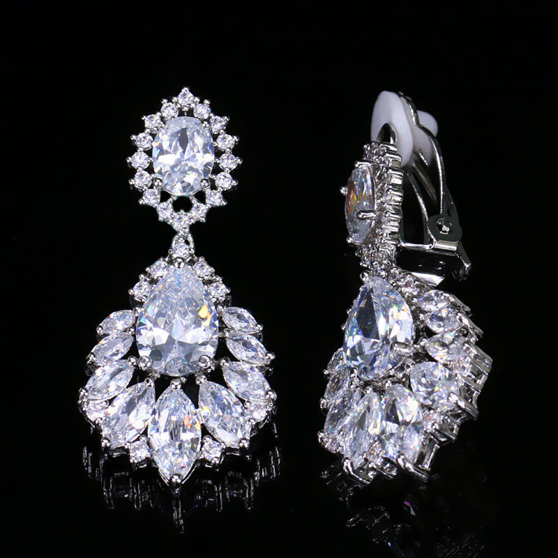 Fashion Drop 18K White Gold Zirconia Ear Clip - Popular in Europe and America Classic Style Bridal Earring - Earpiece Set