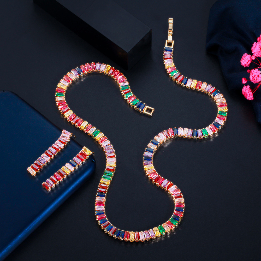 European and American full-cut diamond simple rainbow-colored zircon necklace fashionable evening party necklace earrings set