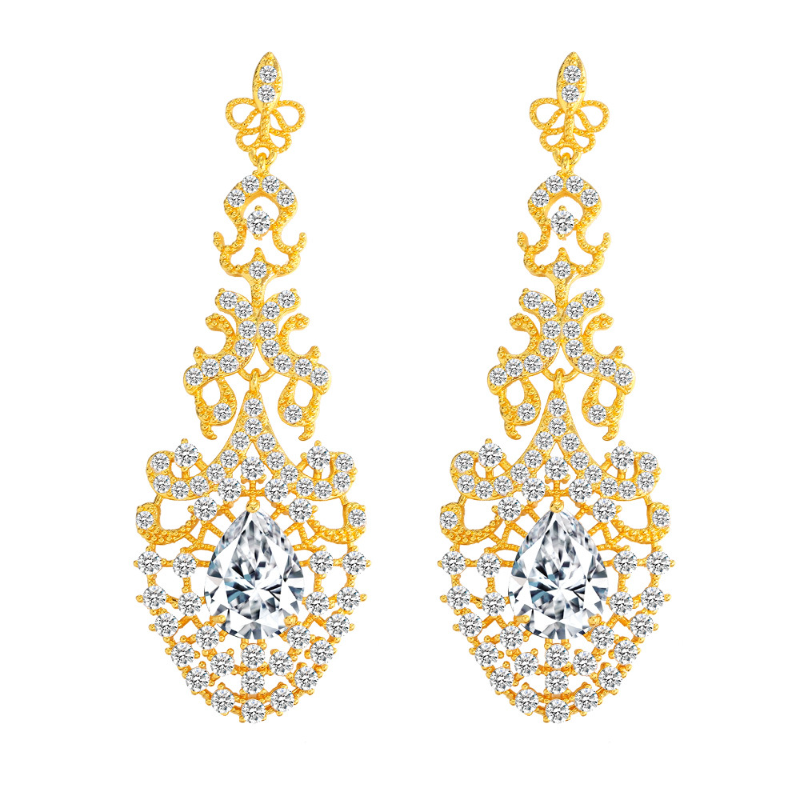 Hot-selling exaggerated earrings S925 fashionable zircon waterdrop long-style hollow earrings for brides