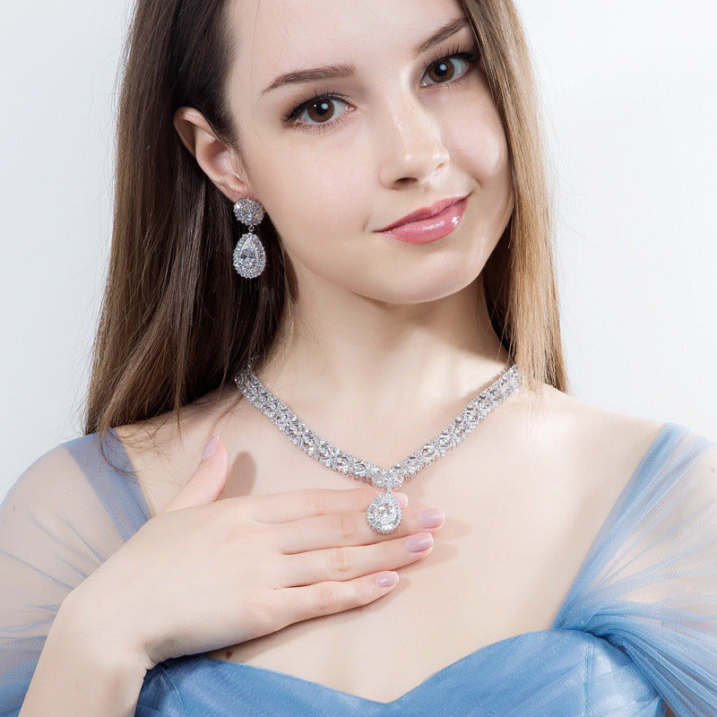 Bride's banquet set - Pure handcrafted copper necklace set with AAA quality zirconia stones - Simple and elegant style