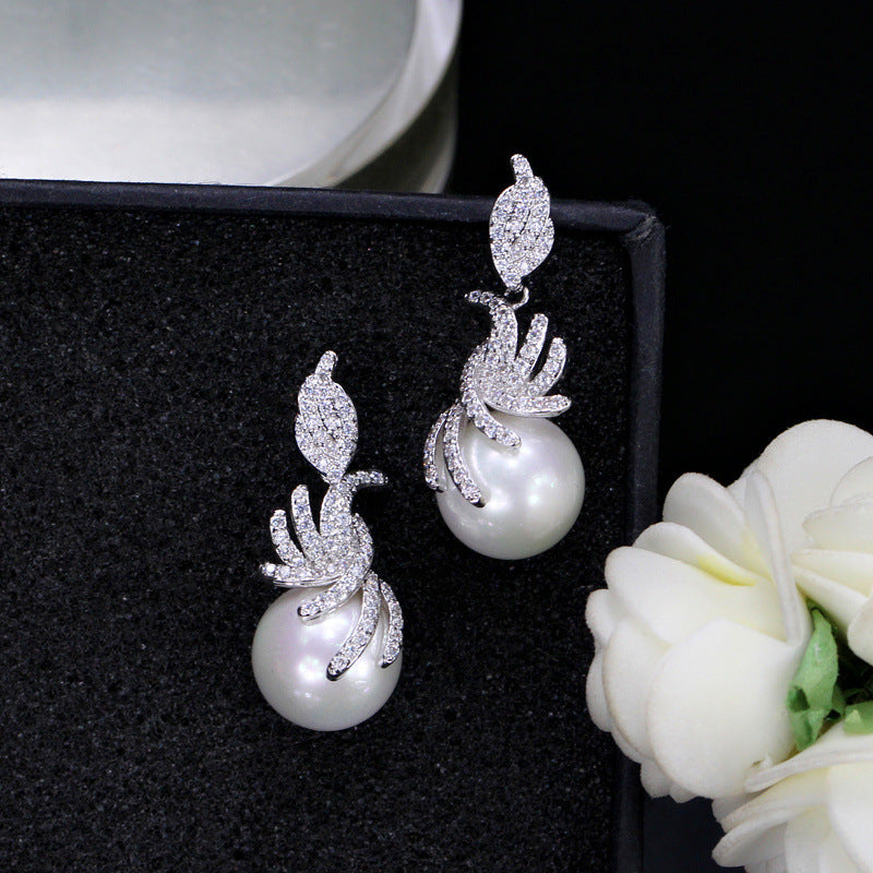 Korean style ear ornaments - pearl and zirconia earrings Simple and fashionable long-style earrings