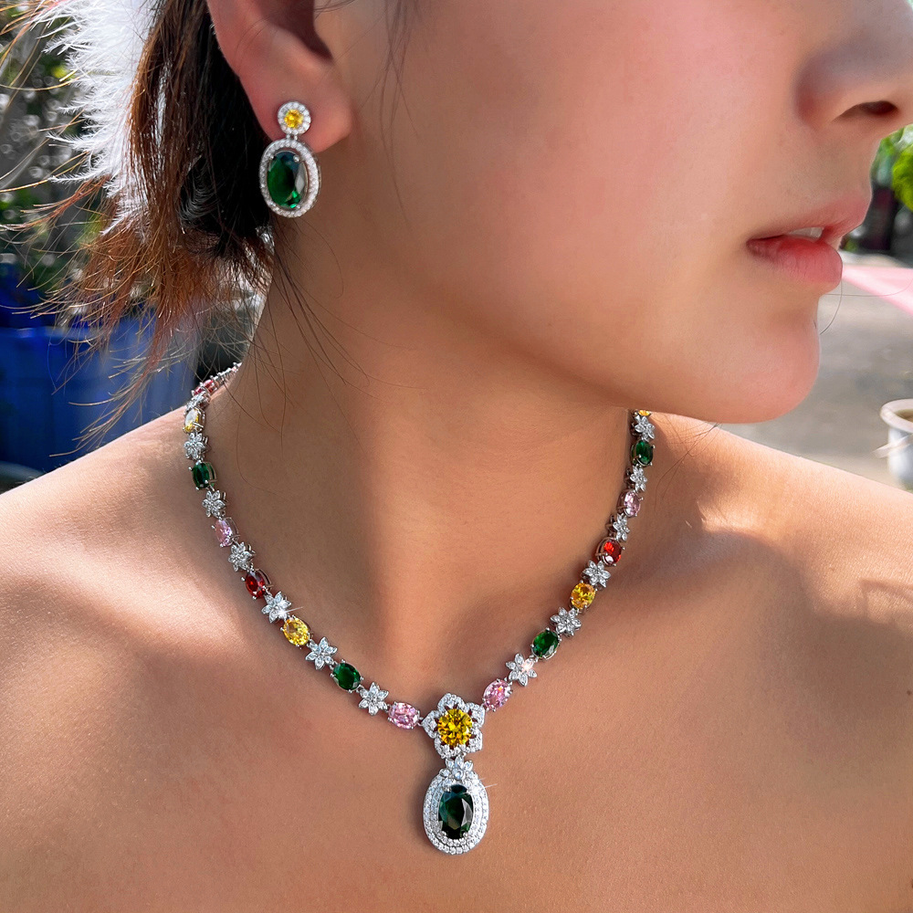 European and American fashionable colorful zircon necklace earrings bracelet evening dress formal wear bridal jewelry set