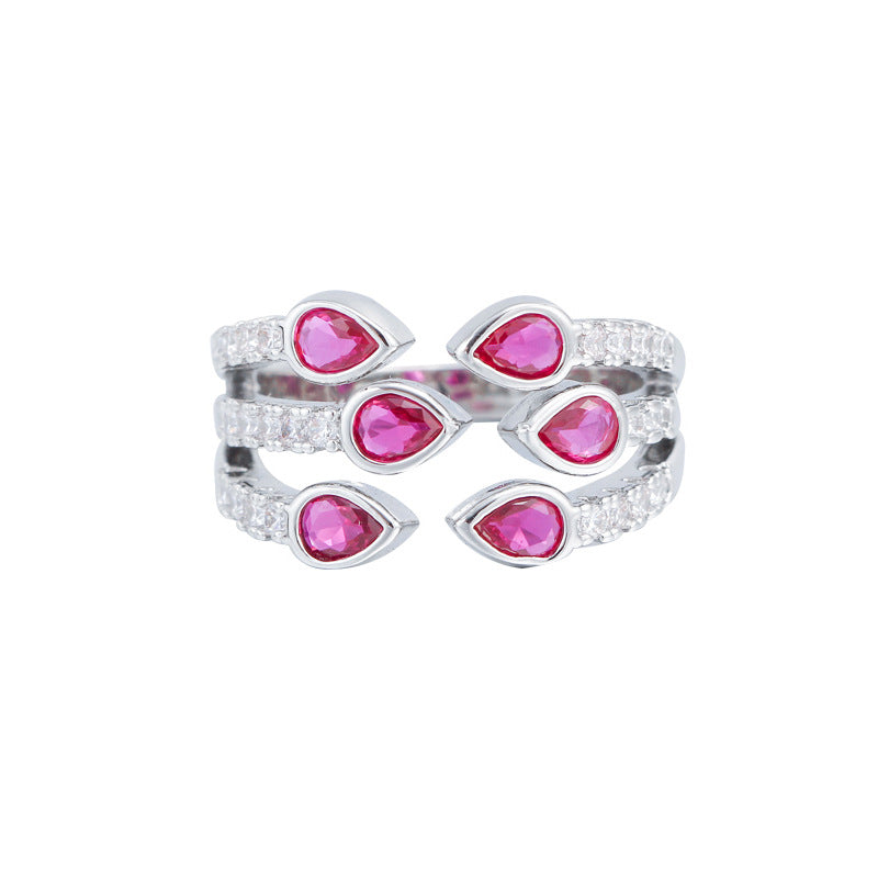 Japanese and Korean sweet waterdrop ruby ring with tiny inlaid zircons a unique design with a high-end touch a three-row handpiece ring