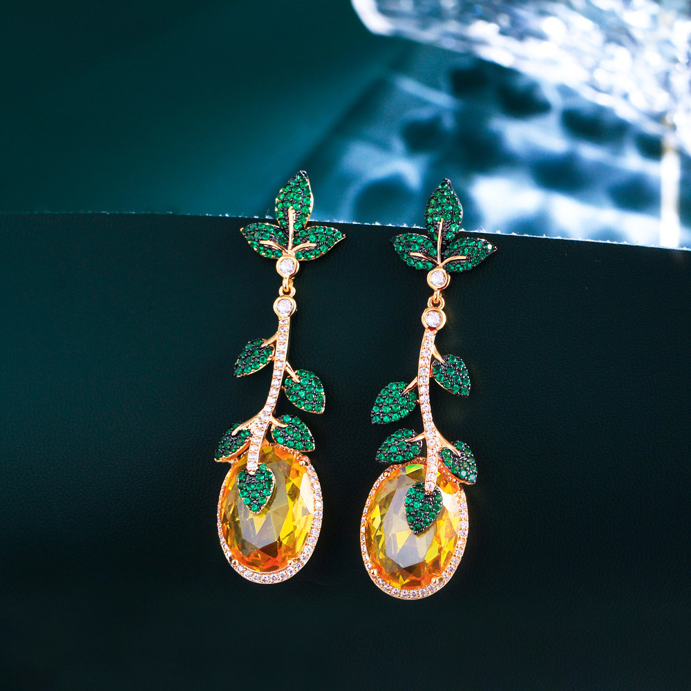 European vintage heavy-duty yellow gemstone green leaf exaggerated long-style earrings unique royal-style earrings