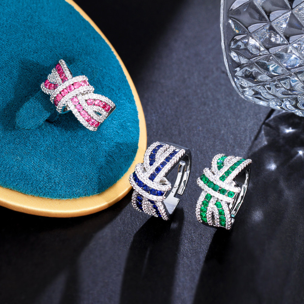 Luxury chic sparkling three-dimensional bow set with diamonds open ring irregular strip-shaped crossed zirconium ring finger ring