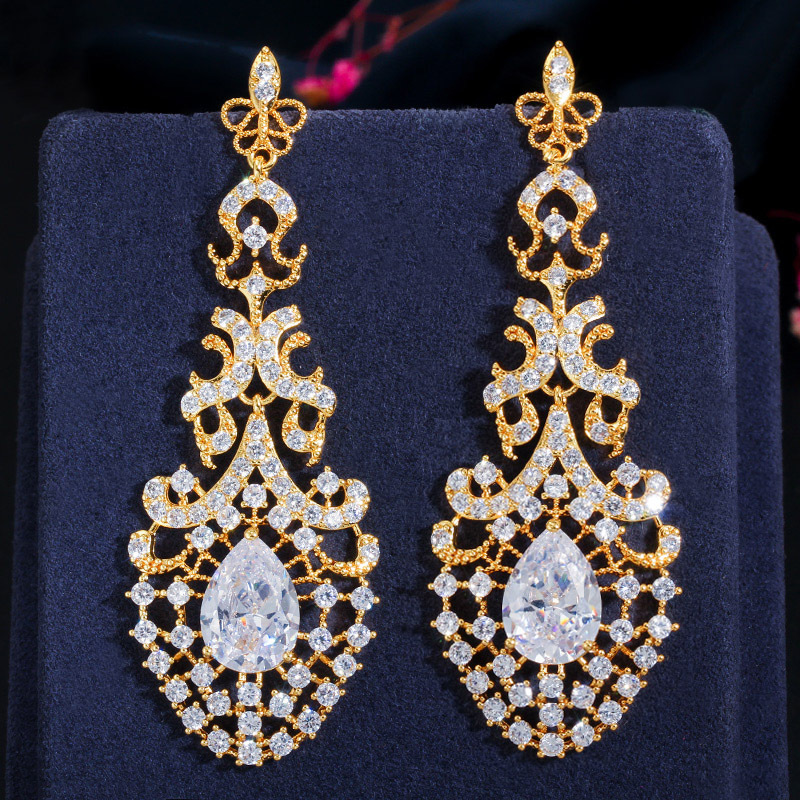 Hot-selling exaggerated earrings S925 fashionable zircon waterdrop long-style hollow earrings for brides
