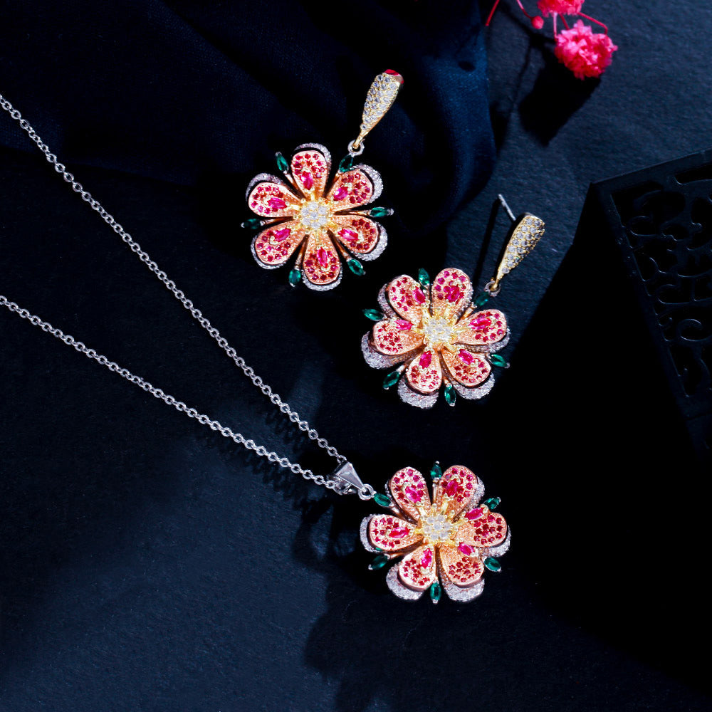 European and American rose-shaped earrings and necklace set - three-dimensional camellia flower colored zirconium stone chain - fashionable and versatile ear accessories and necklaces
