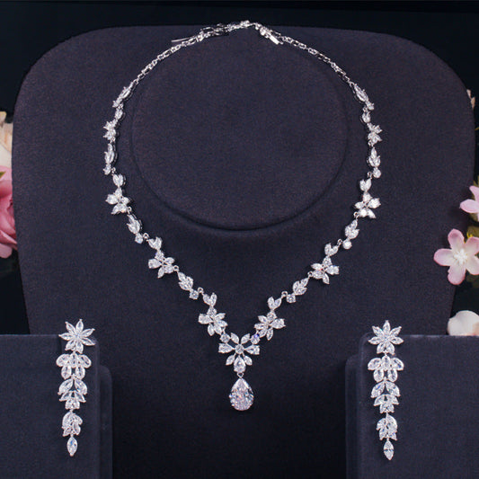 Korean wholesale wedding jewelry - diamond-set zirconian brides' necklaces earrings, bracelet wedding dress accessories two-piece set of jewelry
