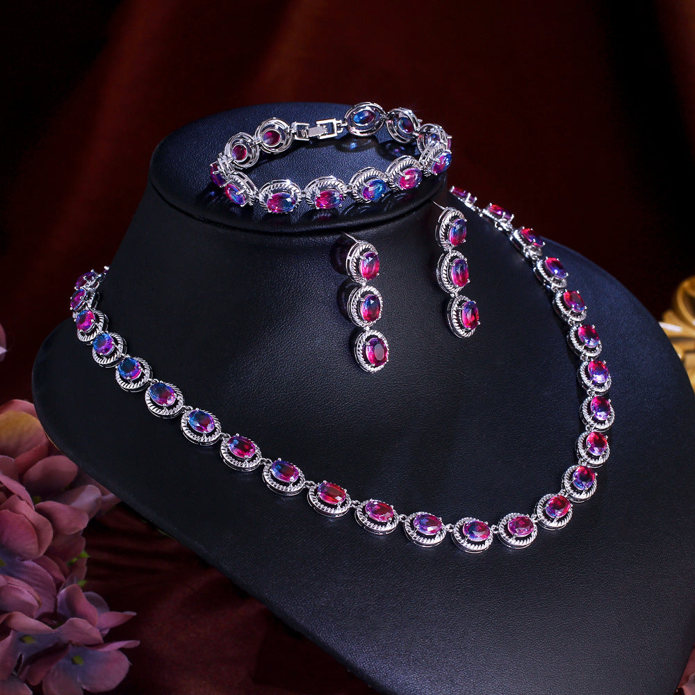 European and American necklace, earrings and bracelet with zirconium stones - bridal wedding dress high-end jewelry elegant set - three-piece suit for formal evening wear
