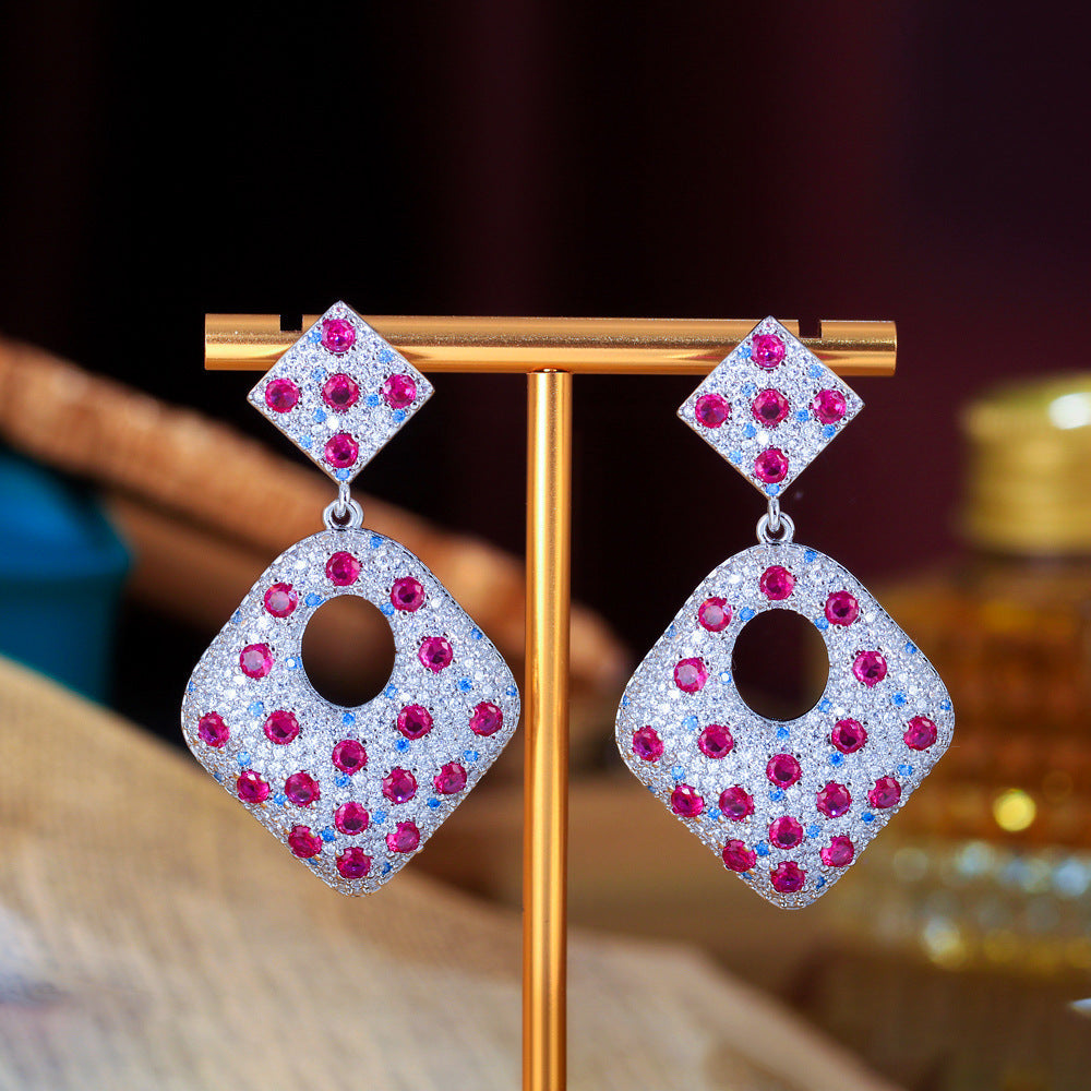 S925 silver jewelry - Korean version - Luxury style women's rhodium-plated jewelry - Simulated pigeon-blood red gemstone - High-end earrings - Ear pendants