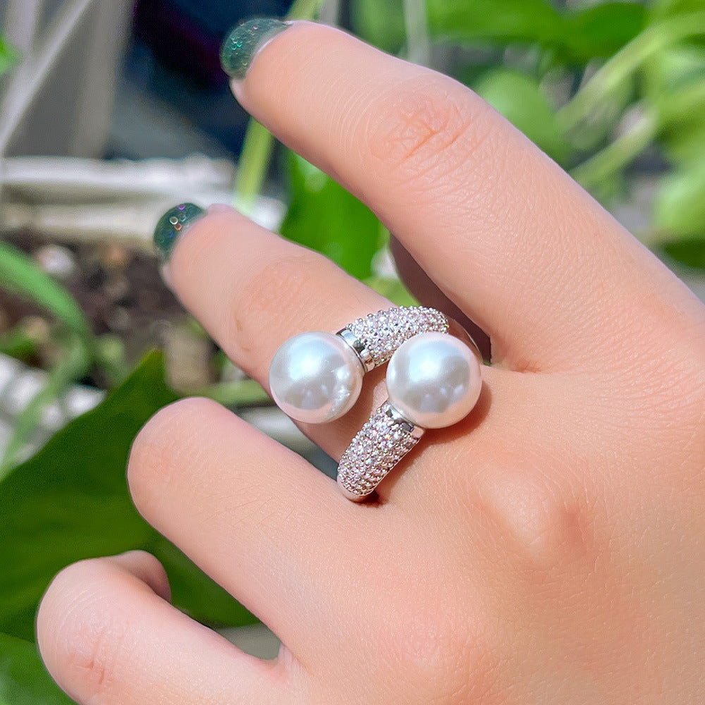 Korean version of minimalist and niche-style simple double-pearl open ring with micro-set zirconia popular on live-streaming versatile accessory for all occasions