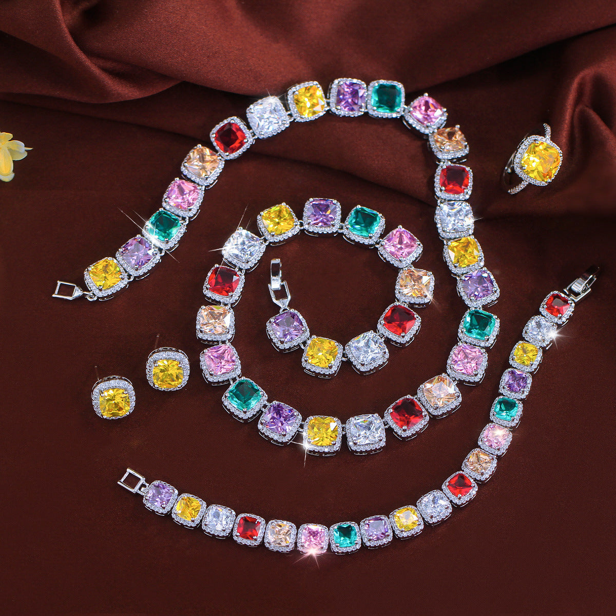 Jewelry set: Dopamine geometric cube zirconia necklace earrings bracelet ring - a set of four pieces Chain for evening dress accessories