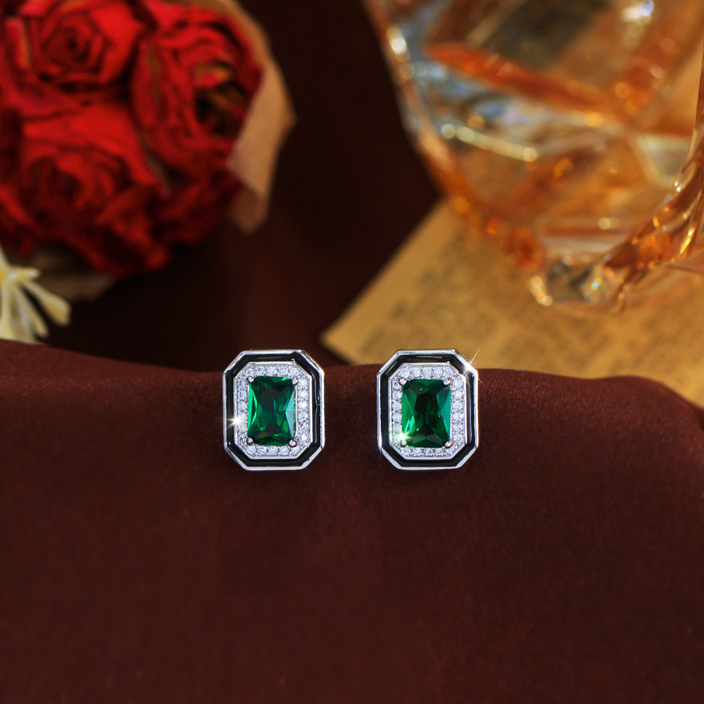 Paraiaba fashion square-shaped earrings with tiny diamond inlays elegant and versatile black enamel zirconia earrings