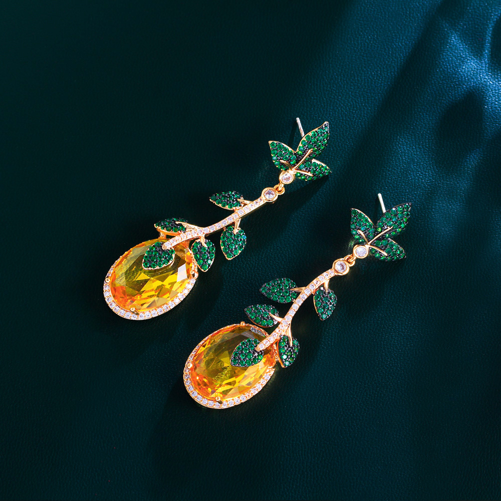 European vintage heavy-duty yellow gemstone green leaf exaggerated long-style earrings unique royal-style earrings