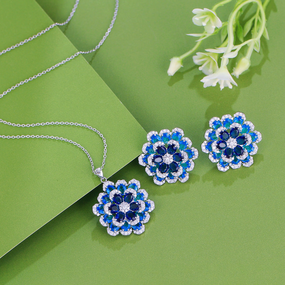 S925 silver needle French-style minimalist vintage double-layer three-dimensional full-diamond blue flower necklace stud set chain zirconium jewelry set