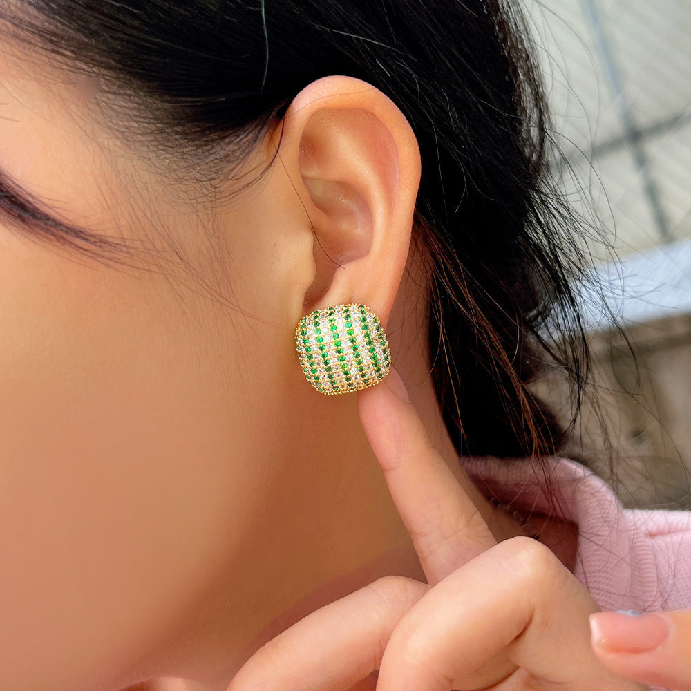 S925 silver filigree vintage high-end geometric earrings with elegant micro-set zirconia checkerboard design
