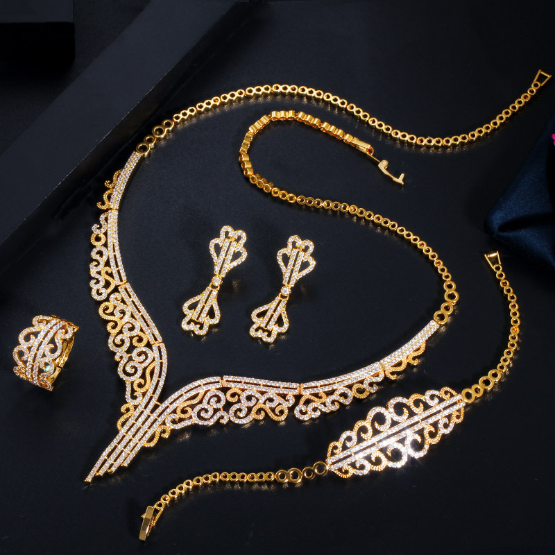 New European and American style set jewelry batch electroplated with K gold necklace earrings bracelet and ring set