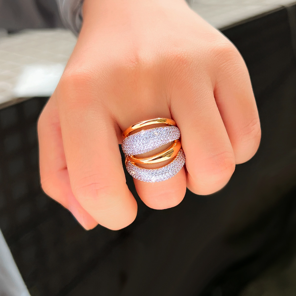 European and American niche luxury copper-plated two-tone 18K gold zirconia geometric opening ring for women fashionable hip and unique finger jewelry