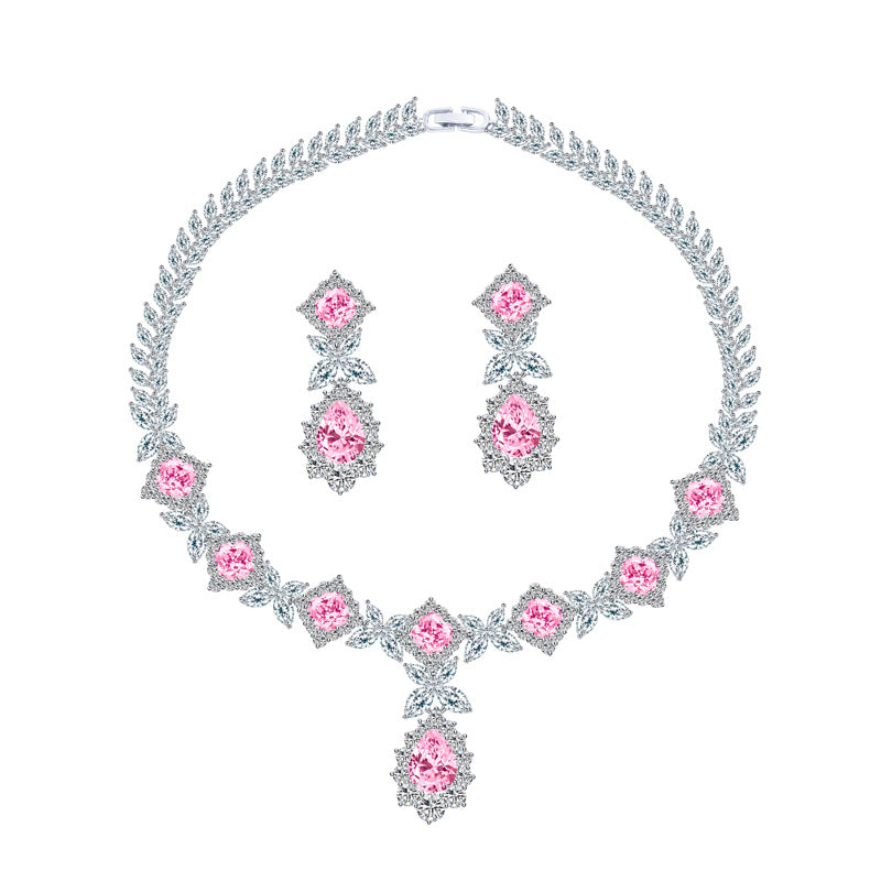 European and American popular jewelry style fashionable pink diamond necklace and earrings set as a two-piece set for formal evening gowns and wedding dresses pink diamond set