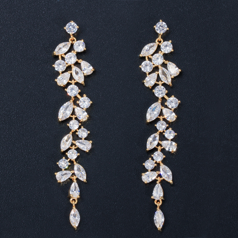 Korean-style classic petal long-drop drop-sleeve earrings with zircon and full-diamond inlay trendy earrings