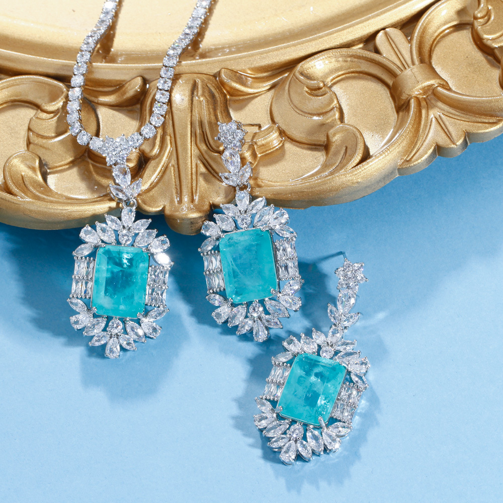 Best-selling sea-blue imitation paraguiaba tourmaline women's necklace pendant earrings set as formal dress accessories