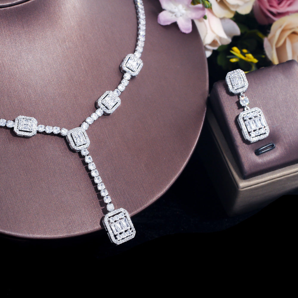European and American bride jewelry set - dazzling zircon wedding necklace earrings two-piece chain evening gown dress wedding accessory set